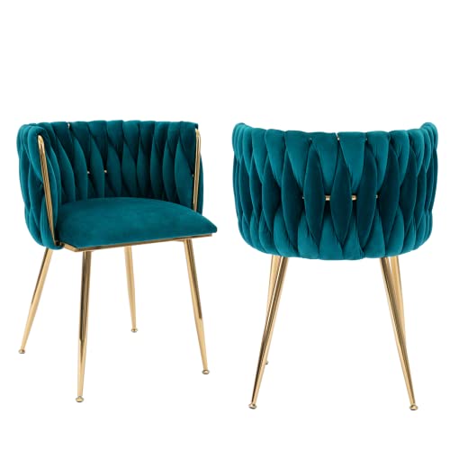 HEAHYO Modern Dining Chair Set of 2 Woven Velvet Upholstered Side Chairs with Barrel Backrest and Gold Metal Legs Accent Chairs for Living Room Bedroom Teal Green